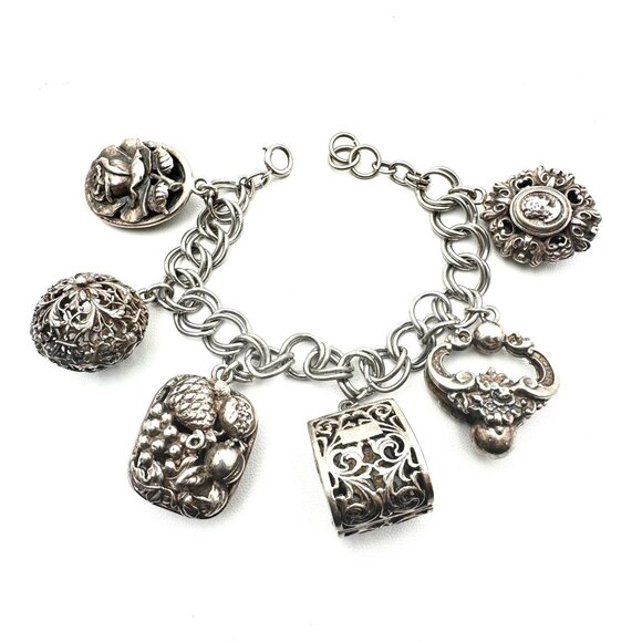Antique Unsigned Peruzzi? Sterling Silver Charm Bracelet Unique Large Charms - Picture 2 of 10